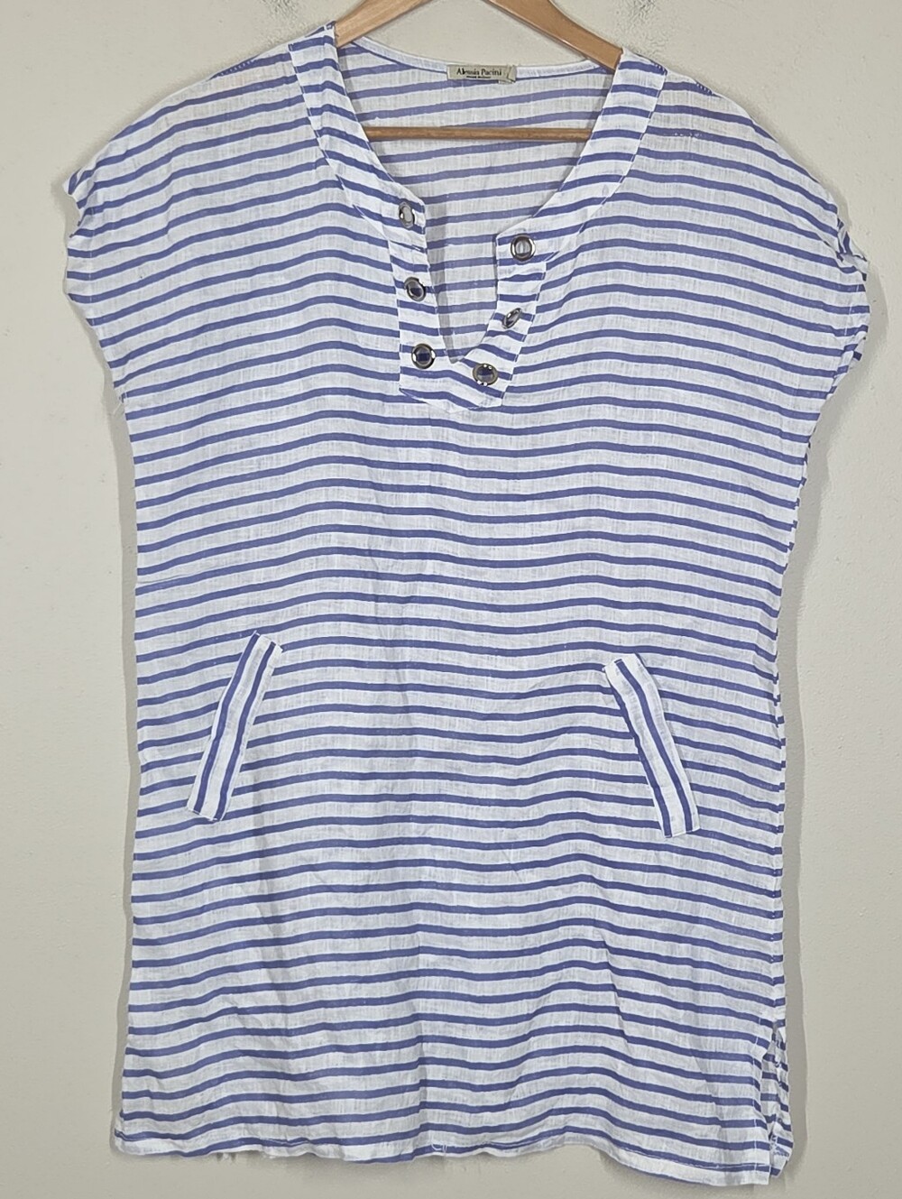 Alessia Pacini Stripe Tunic Top Mini Dress Linen L Coastal Minimalist Grommet
